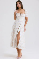 white posy print cotton puff sleeve midi sundress