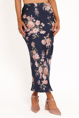 Kenna Satin Midi Skirt - Navy Floral