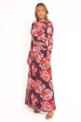 Calypso Long Sleeve Maxi Dress - Burgundy Peony