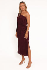 Pontee One Shoulder Pleated Midi Dress - Burgundy