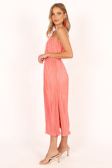 Pontee One Shoulder Pleated Midi Dress - Coral