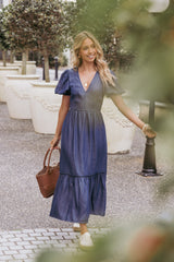 Steele Puff Sleeve Midi Dress - Dark Denim