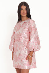 Treloar Long Sleeve Mini Dress - Pink Brocade