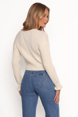Zana Ribbed Ruffle Cuff Knit Sweater - Cream
