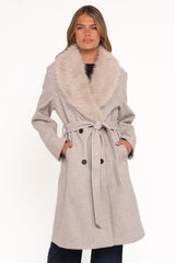 Nina Fur Collar Tie Waist Coat - Cream