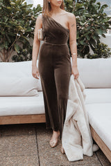 Xita Velvet One Shoulder Jumpsuit - Olive
