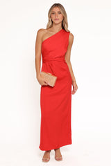 Nadia One Shoulder Maxi Dress - Red Jacquard Satin