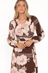 Safia Midi Dress - Brown Floral