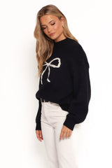 Cecelia Bow Print Mock Neck Knit Sweater - Black
