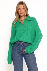 Leon Quarter Zip Cable Knit Sweater - Green