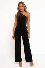 Xita Velvet One Shoulder Jumpsuit - Olive